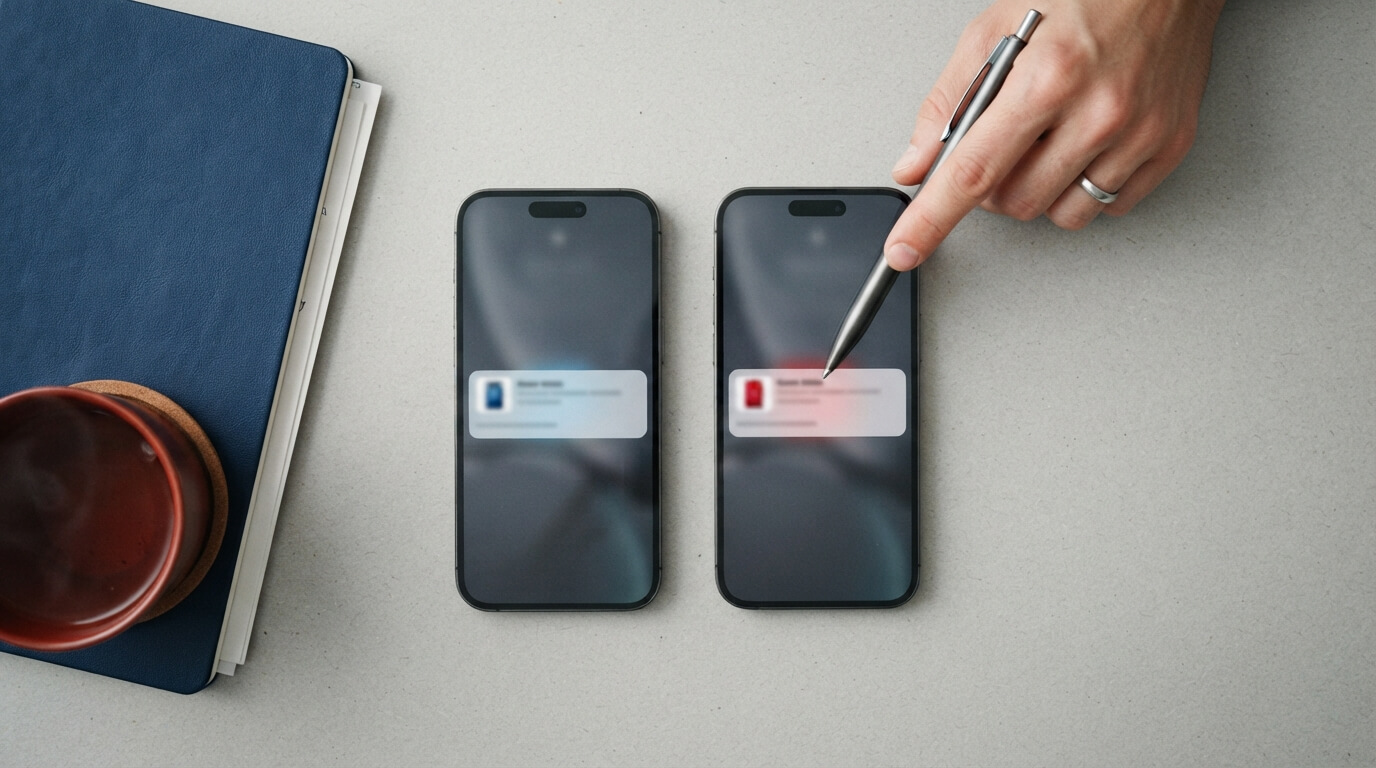 Two phones showing two versions of a notification being compared