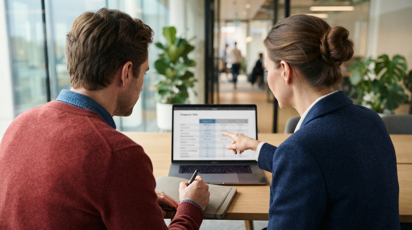 Two colleagues comparing web push tools on a laptop