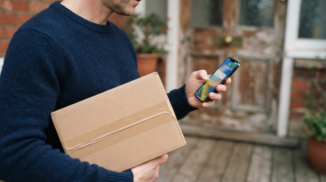 A customer receiving a parcel while checking an order update on their phone