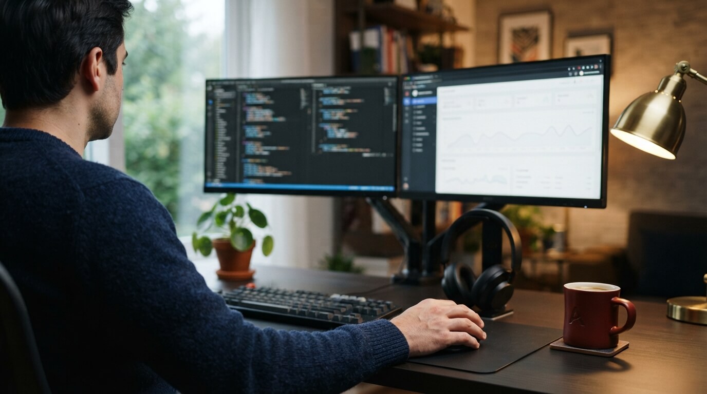 A web developer setting up a website on two monitors