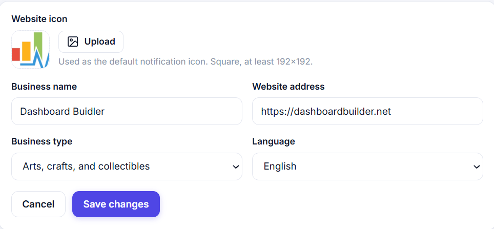 Add website form in the Push Agent dashboard with business name, website address and icon fields