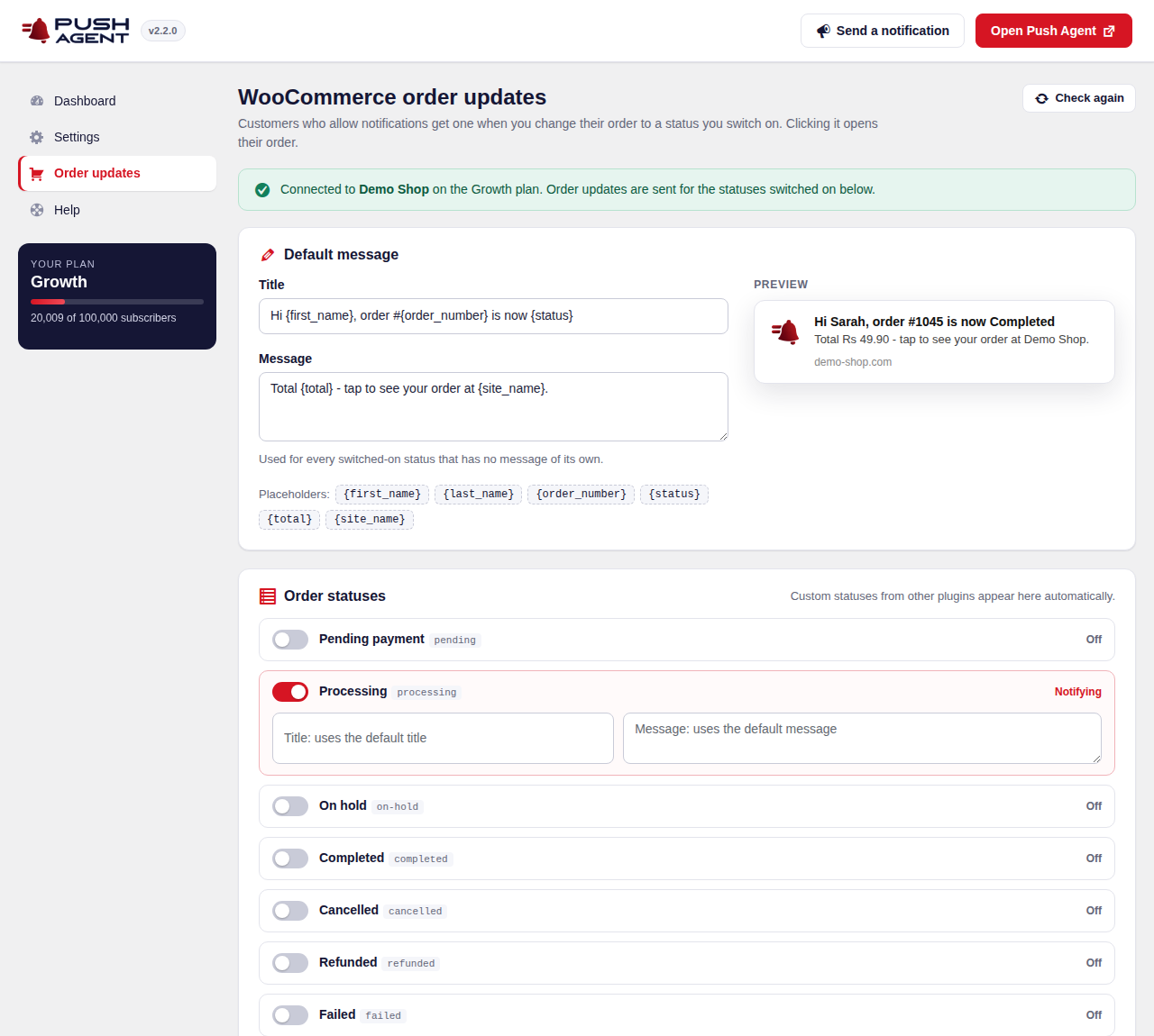 Push Agent Order updates screen in WordPress with a default message, placeholders, a preview and order status switches