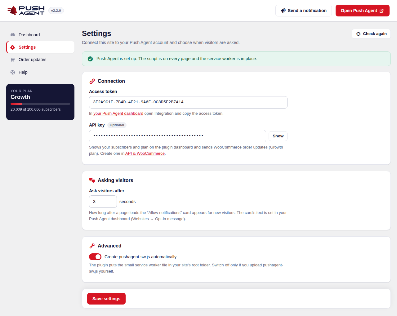Push Agent Settings screen in WordPress with access token, API key, opt-in delay and service worker options