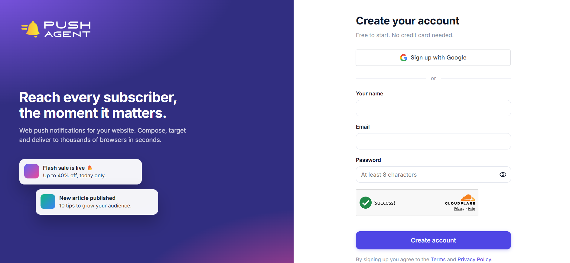 The Push Agent sign-up page with a Sign up with Google button and fields for name, email and password