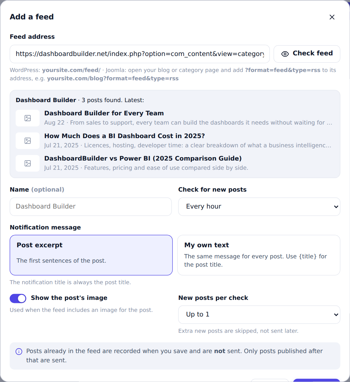 The Add a feed window in Push Agent with a Joomla feed address and a preview of its latest posts