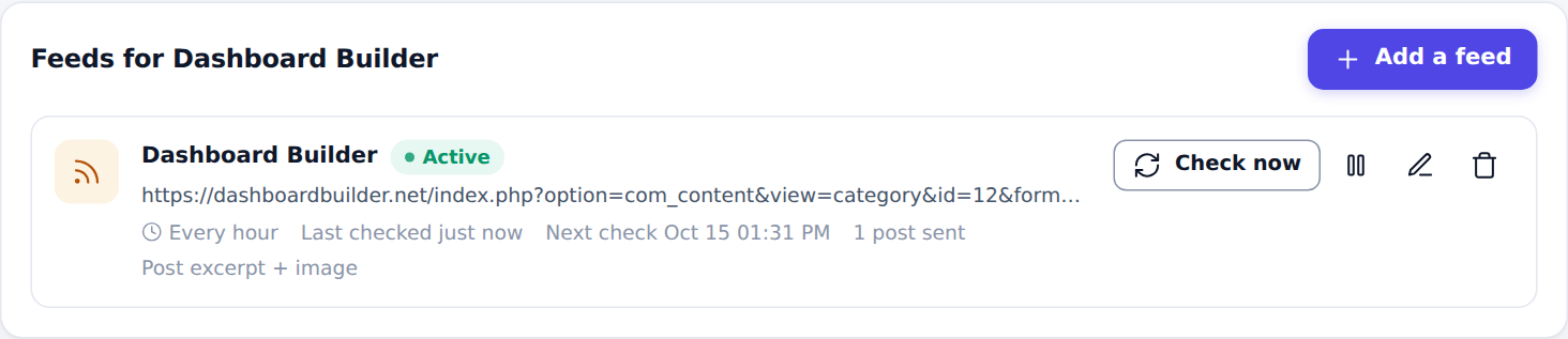 An active RSS feed in Push Agent showing its check interval, last check and number of posts sent