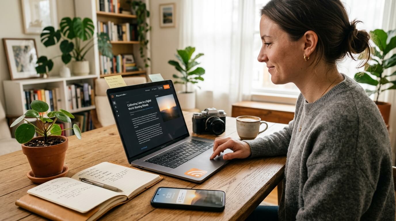 A blogger publishing a new post on her laptop while a push notification for it appears on a phone beside her