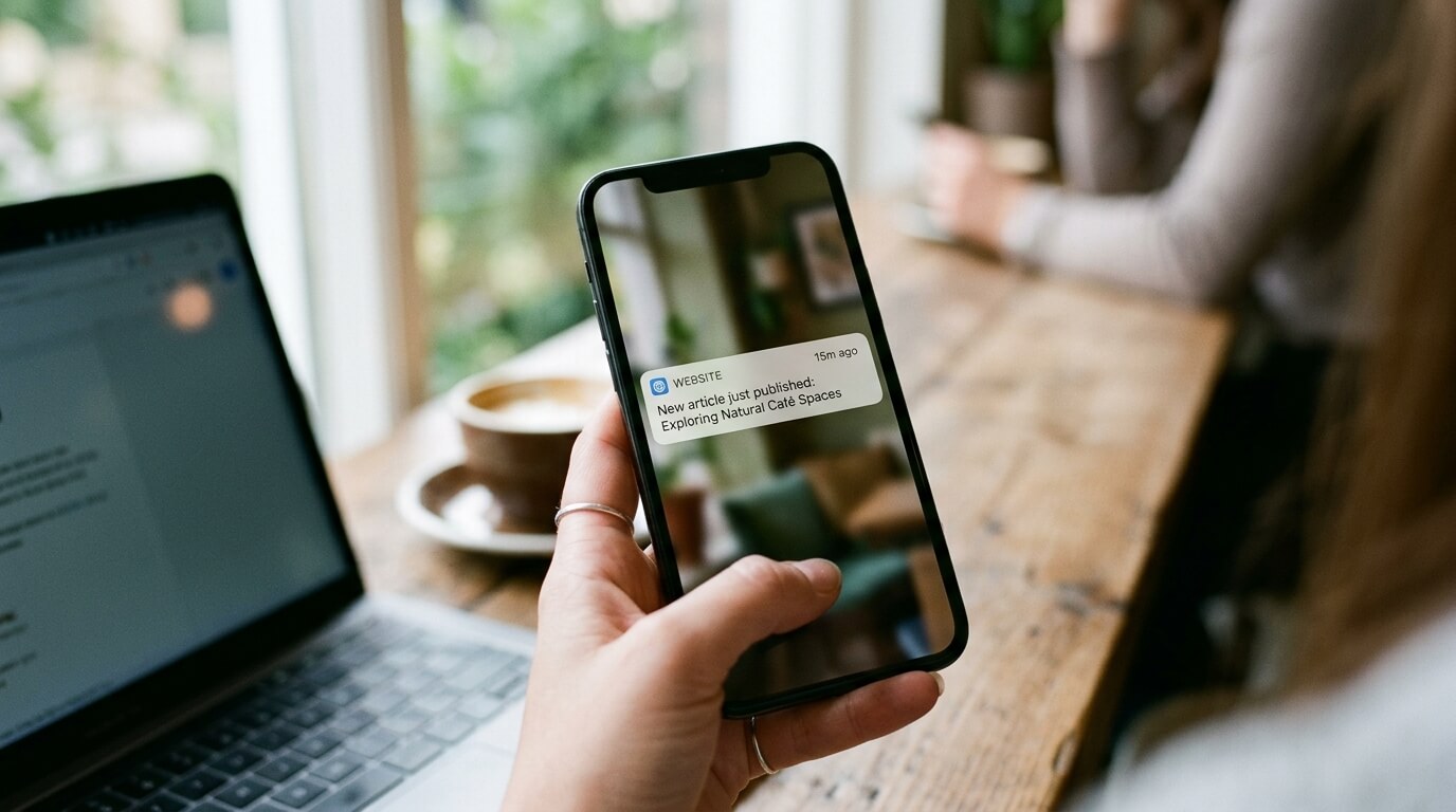 A hand holding a smartphone over a café table, with a website notification on the lock screen